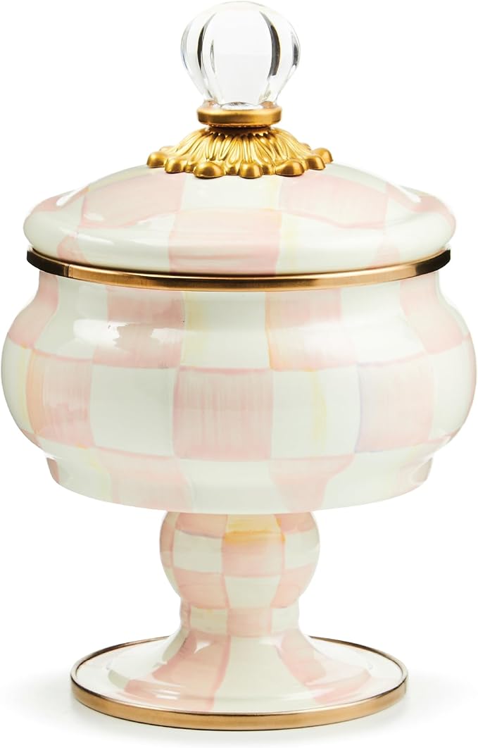 Enamel Curiosity Pot, Decorative Container for Home Decor, Pink-and-White Rosy Check