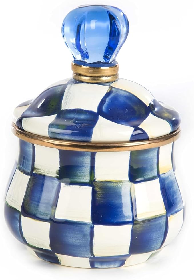 Enamel Lidded Sugar Bowl, Small Serving Bowl with Lid, 10-Ounce Capacity, Blue-and-White Royal Check