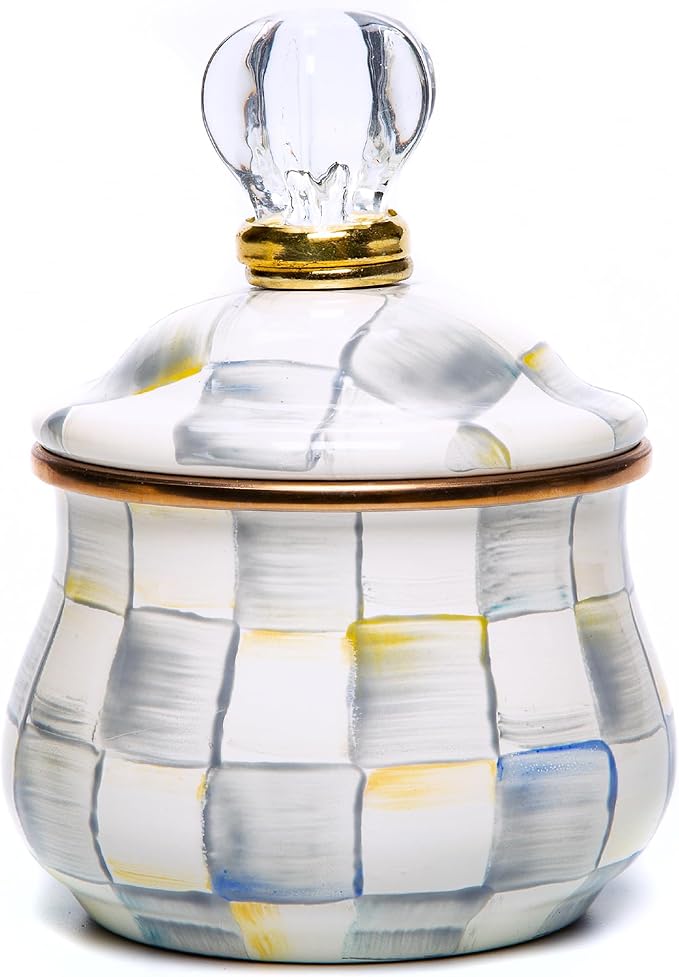 Enamel Lidded Sugar Bowl, Small Serving Bowl with Lid, 10-Ounce Capacity, Gray-and-White Sterling Check