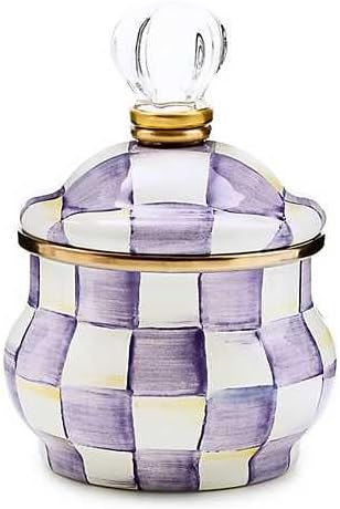 Enamel Lidded Sugar Bowl, Small Serving Bowl with Lid, 10-Ounce Capacity, Purple-and-White Violet Check