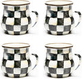 Enamel Mug, Cute Enamelware Coffee and Tea Mug, Unique Drinkware, 16 Ounces, Black-and-White Courtly Check, Set of 4