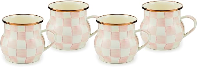 Enamel Mug, Cute Enamelware Coffee and Tea Mug, Unique Drinkware, 16 Ounces, Pink-and-White Rosy Check, Set of 4