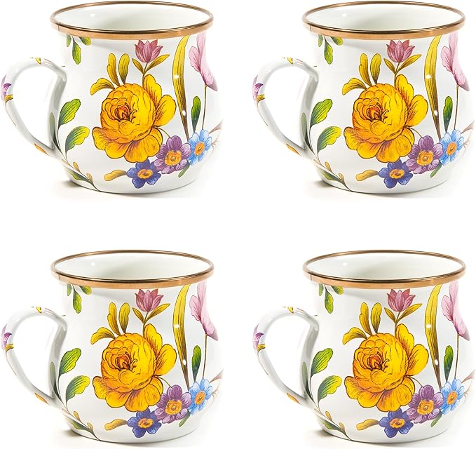 Enamel Mug, Cute Enamelware Coffee and Tea Mug, Unique Drinkware, 16 Ounces, White Flower Market, Set of 4