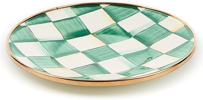 Enamel Saucer, Small Coffee and Teacup Saucer, Green-and-White Emerald Check