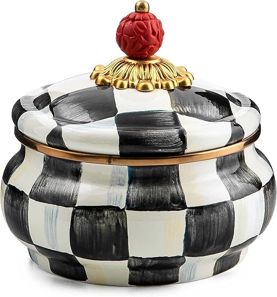 Enamel Squashed Pot, Cute Enameled Container with Lid, 20 Ounces, Black-and-White Courtly Check