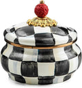 Enamel Squashed Pot, Cute Enameled Container with Lid, 20 Ounces, Black-and-White Courtly Check