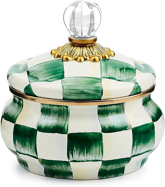 Enamel Squashed Pot, Cute Enameled Container with Lid, 20 Ounces, Green-and-White Emerald Check