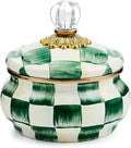 Enamel Squashed Pot, Cute Enameled Container with Lid, 20 Ounces, Green-and-White Emerald Check