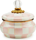 Enamel Squashed Pot, Cute Enameled Container with Lid, 20 Ounces, Pink-and-White Rosy Check