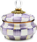 Enamel Squashed Pot, Enamelware Storage Canister with Lid, 20 Ounces, Purple-and-White Violet Check