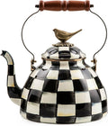 Enamel Tea Kettle, Cute Kitchen Kettle for Stovetop, 3-Quart Capacity, Black-and-White Courtly Check with Bird Topper