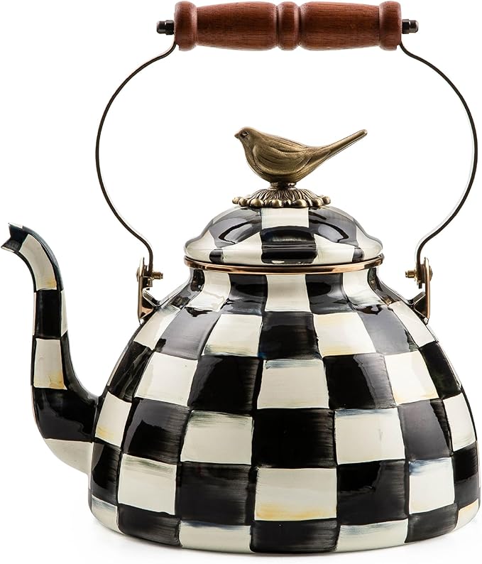 Enamel Tea Kettle, Cute Kitchen Kettle for Stovetop, 3-Quart Capacity, Black-and-White Courtly Check with Bird Topper