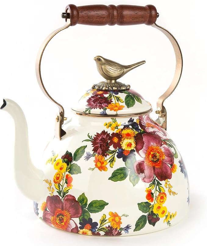 Enamel Tea Kettle, Cute Kitchen Kettle for Stovetop, 3-Quart Capacity, White Flower Market with Bird Topper