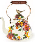 Enamel Tea Kettle, Cute Kitchen Kettle for Stovetop, 3-Quart Capacity, White Flower Market with Bird Topper