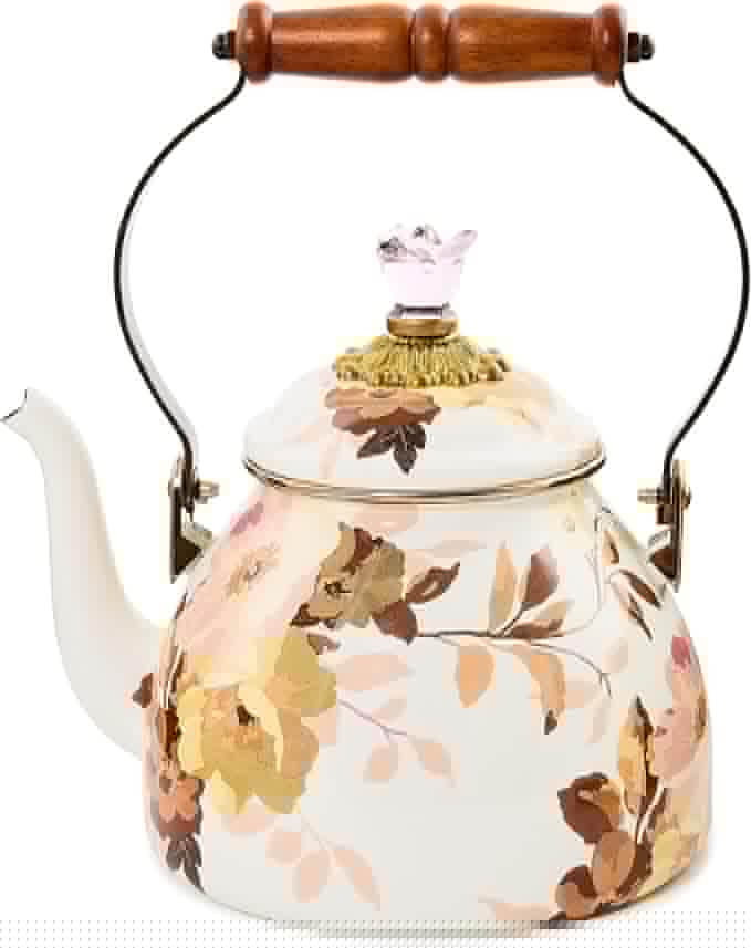 Enamel Tea Kettle, Cute Tea Kettle for Stovetop, 2 Quarts, Wild Rose White
