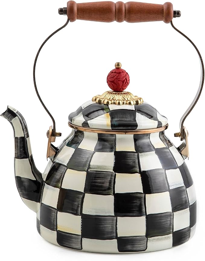 Enamel Tea Kettle, Stylish Tea Kettle for Stovetop, Black-and-White Courtly Check, 2 Quarts
