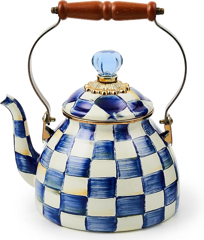 Enamel Tea Kettle, Stylish Tea Kettle for Stovetop, Blue-and-White Royal Check, 2 Quarts