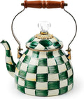 Enamel Tea Kettle, Stylish Tea Kettle for Stovetop, Green-and-White Emerald Check, 2 Quarts