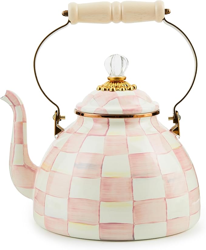 Enamel Tea Kettle, Stylish Tea Kettle for Stovetop, Pink-and-White Rosy Check, 3 Quarts