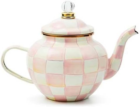 Enamel Teapot, Cute Small Teapot with Lid, 4-Cup Capacity, Pink-and-White Rosy Check