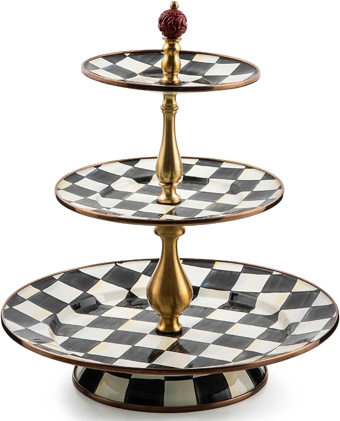 Enamel Three-Tier Sweet Stand, Three-Tiered Serving-Tray Stand, Party Food Display, Black-and-White Courtly Check