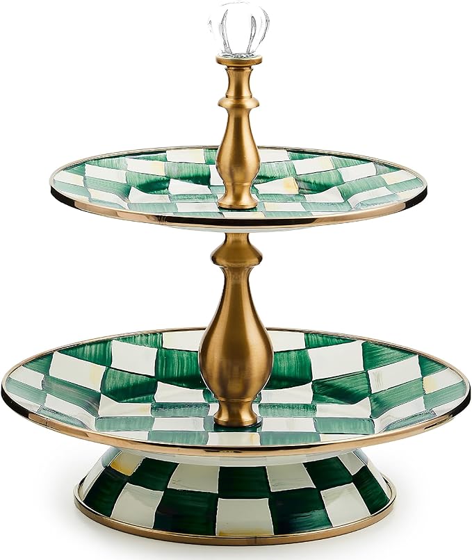 Enamel Two-Tier Sweet Stand, Two-Tiered Serving Tray for Dessert, Green-and-White Emerald Check