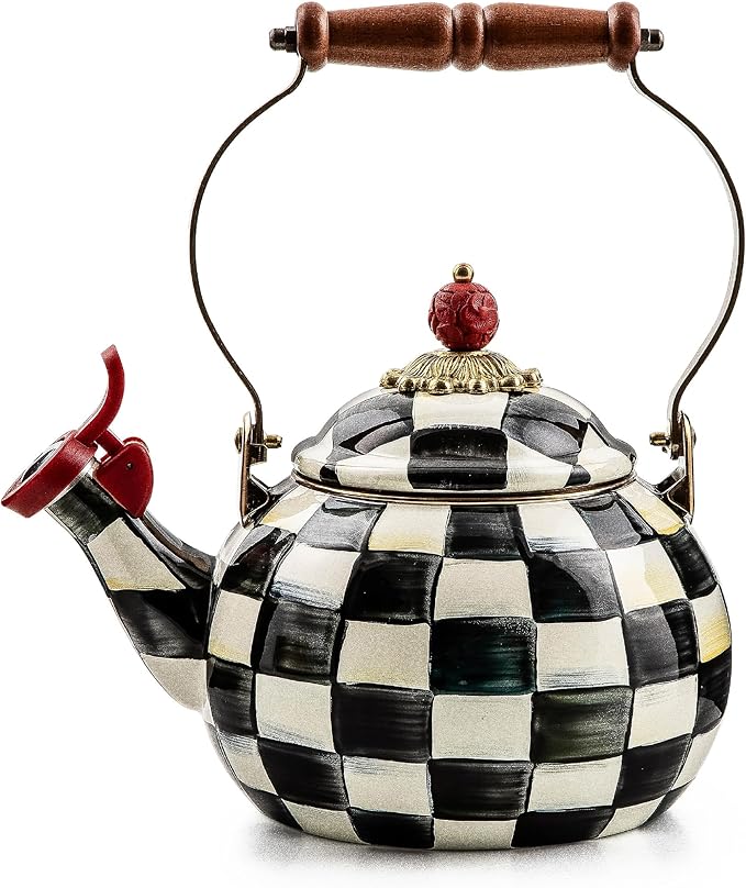 Enamel Whistling Tea Kettle, Decorative Teapot for Stovetop, Black-and-White Courtly Check