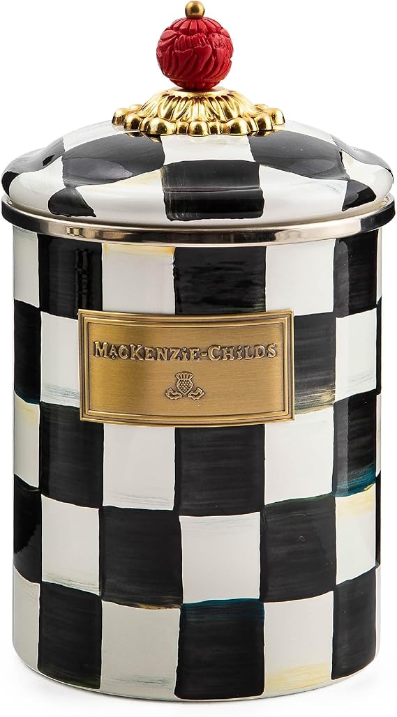Medium Enamel Canister, Kitchen Storage Container for Flour and Sugar, 1.42 Liters, Black-and-White Courtly Check